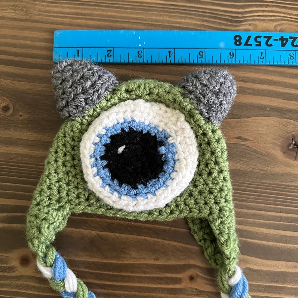 Newborn Crochet Monster Hat Green Gray Blue White Mike Wazowski Inspired